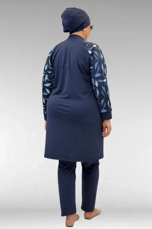 1732 Büyük Beden Balıkçı Yaka Fermuarlı Mayo - Laci Yaprak Desenli-Laci - 3