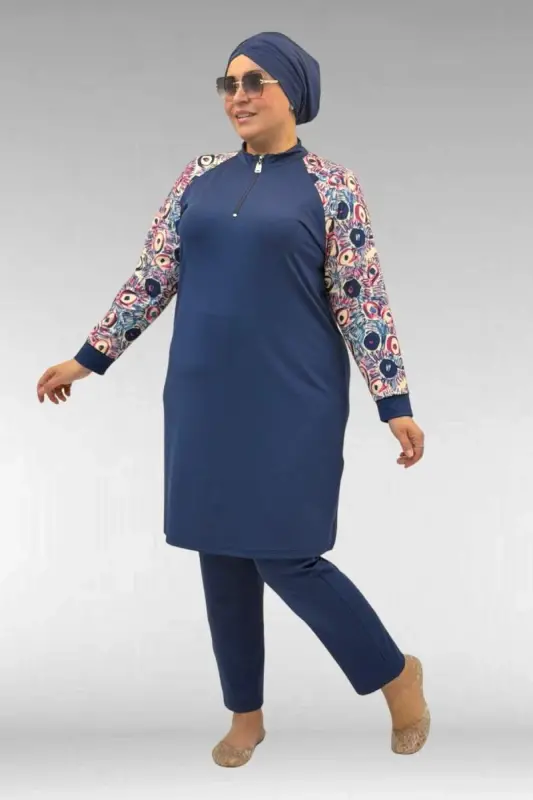 1732 Katta o‘lchamli, bo‘yin qismi yopiq, zanjirli mayo - Ko‘z naqshli indigo-indigo - 1