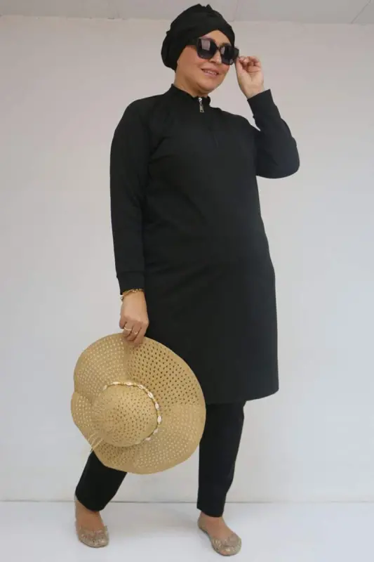 1732 Plus Size Turtleneck Zipper Swimsuit - Black - BÜYÜKBEDENIZ
