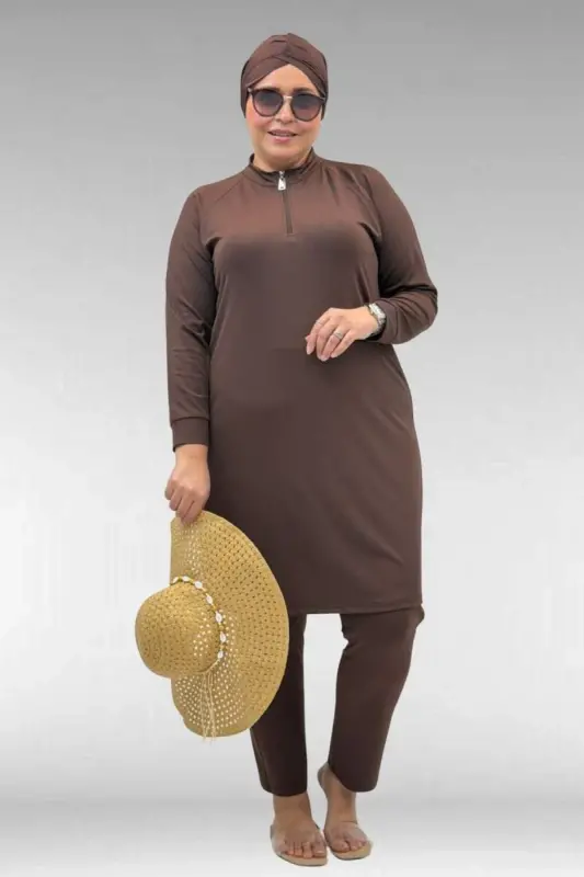 1732 Plus Size Turtleneck Zipper Swimsuit - Brown - BÜYÜKBEDENIZ