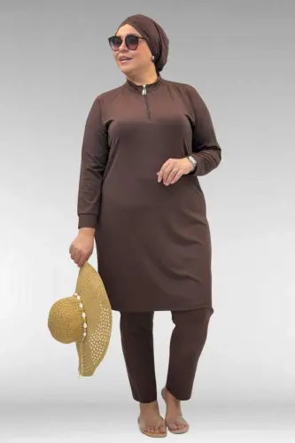 1732 Plus Size Turtleneck Zipper Swimsuit - Brown - 3
