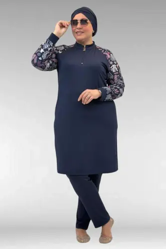 1732 Plus Size Turtleneck Zipper Swimsuit - Mixed Pattern Navy-Navy - 1