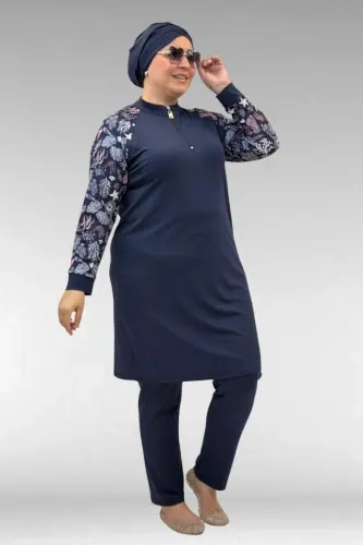 1732 Plus Size Turtleneck Zipper Swimsuit - Mixed Pattern Navy-Navy - 3
