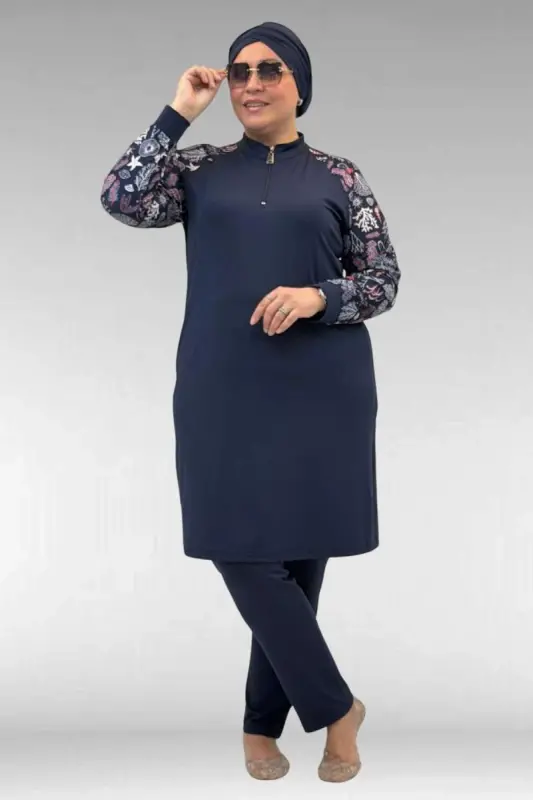 1732 Plus Size Turtleneck Zipper Swimsuit - Mixed Pattern Navy-Navy - BÜYÜKBEDENIZ