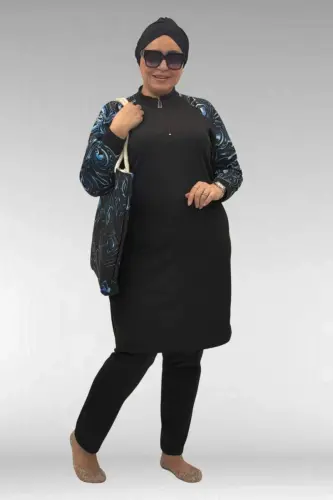 1732 Plus Size Turtleneck Zippered Swimsuit - Aqua Blue-Black - 1