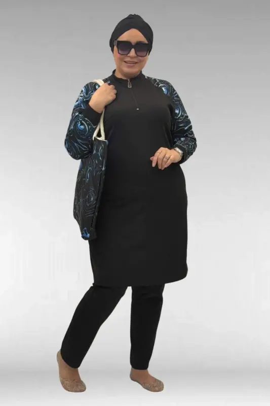 1732 Plus Size Turtleneck Zippered Swimsuit - Aqua Blue-Black - 1