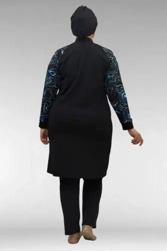 1732 Plus Size Turtleneck Zippered Swimsuit - Aqua Blue-Black - 3