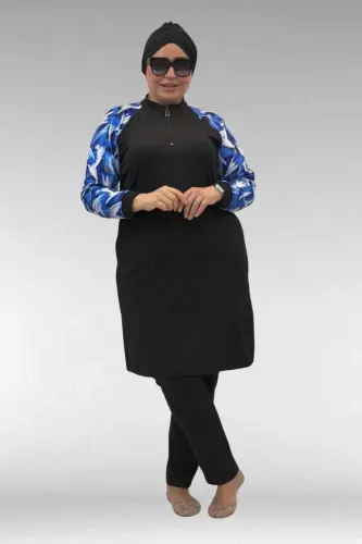 1732 Plus Size Turtleneck Zippered Swimsuit - Brush Pattern Royal Blue-Black - 1