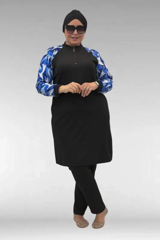 1732 Plus Size Turtleneck Zippered Swimsuit - Brush Pattern Royal Blue-Black - 1