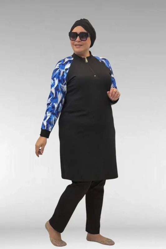 1732 Plus Size Turtleneck Zippered Swimsuit - Brush Pattern Royal Blue-Black - 3