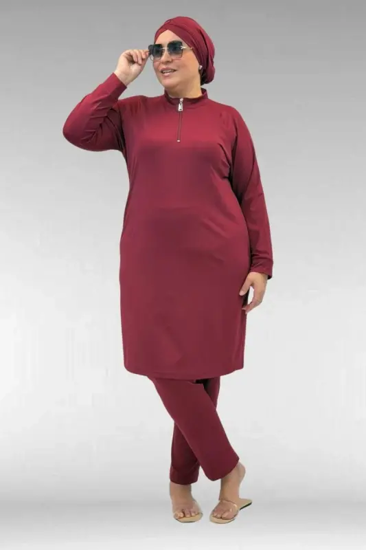 1732 Plus Size Turtleneck Zippered Swimsuit - Burgundy - 1