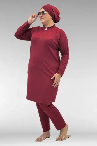 1732 Plus Size Turtleneck Zippered Swimsuit - Burgundy - 3