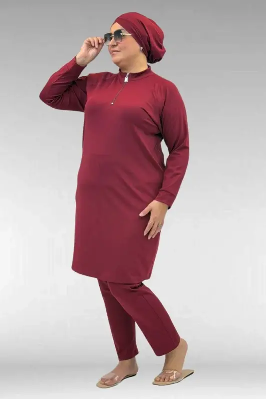 1732 Plus Size Turtleneck Zippered Swimsuit - Burgundy - 3