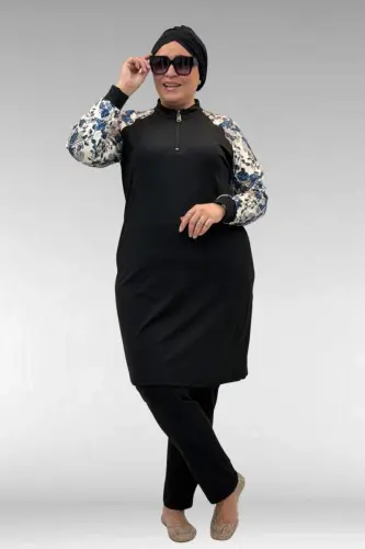 1732 Plus Size Turtleneck Zippered Swimsuit - Leaf Pattern Blue-Black - 1