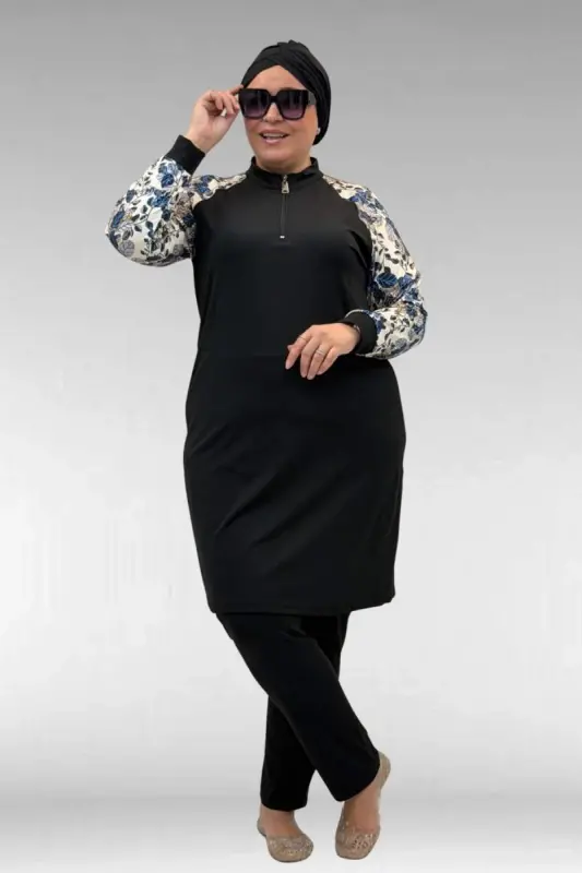 1732 Plus Size Turtleneck Zippered Swimsuit - Leaf Pattern Blue-Black - 1