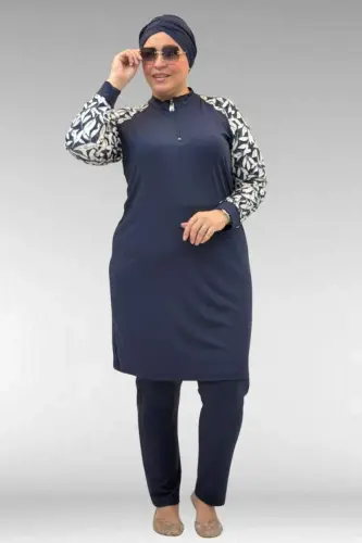 1732 Plus Size Turtleneck Zippered Swimsuit - Leaf Pattern Ecru-Navy - 1