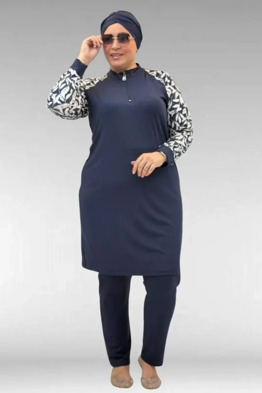 1732 Plus Size Turtleneck Zippered Swimsuit - Leaf Pattern Ecru-Navy - BÜYÜKBEDENIZ