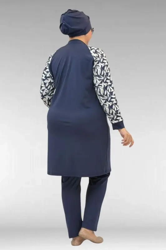 1732 Plus Size Turtleneck Zippered Swimsuit - Leaf Pattern Ecru-Navy - 4