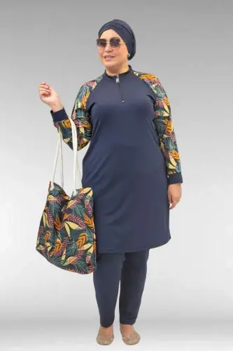 1732 Plus Size Turtleneck Zippered Swimsuit - Leaf Pattern Mustard-Navy - 1