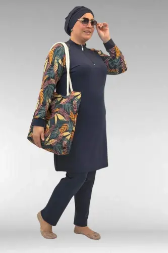 1732 Plus Size Turtleneck Zippered Swimsuit - Leaf Pattern Mustard-Navy - 3