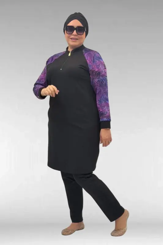 1732 Plus Size Turtleneck Zippered Swimsuit - Leaf Pattern Purple-Black - BÜYÜKBEDENIZ
