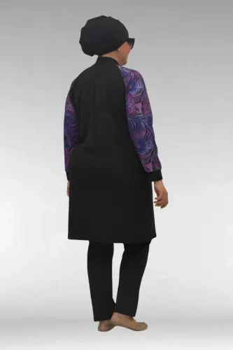 1732 Plus Size Turtleneck Zippered Swimsuit - Leaf Pattern Purple-Black - 3