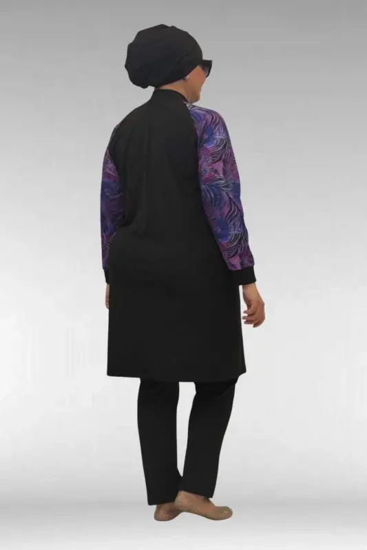 1732 Plus Size Turtleneck Zippered Swimsuit - Leaf Pattern Purple-Black - 3