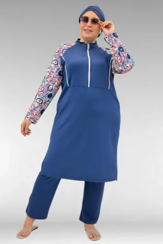 1733 Büyük Beden Fermuarlı Tesettür Mayo - Göz Desen İndigo-İndigo - 1