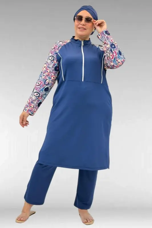 1733 Büyük Beden Fermuarlı Tesettür Mayo - Göz Desen İndigo-İndigo - 1