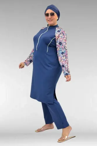 1733 Büyük Beden Fermuarlı Tesettür Mayo - Göz Desen İndigo-İndigo - 3