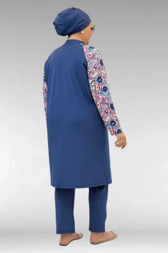 1733 Büyük Beden Fermuarlı Tesettür Mayo - Göz Desen İndigo-İndigo - 4
