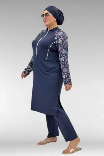 1733 Büyük Beden Fermuarlı Tesettür Mayo - Karışık Desen Laci-Laci - 1