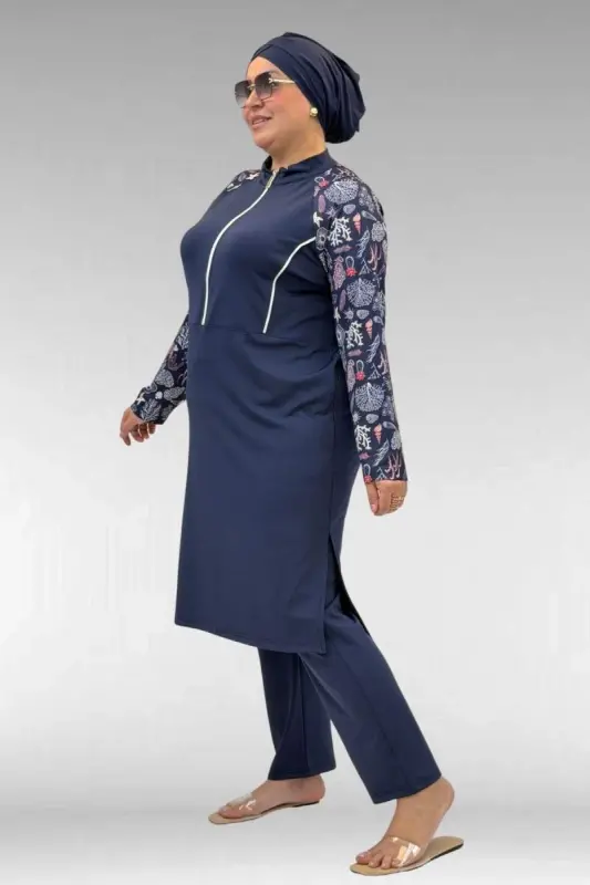 1733 Büyük Beden Fermuarlı Tesettür Mayo - Karışık Desen Laci-Laci - BÜYÜKBEDENIZ