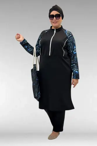 1733 Plus Size Zippered Hijab Swimsuit - Aqua Blue-Black - 1