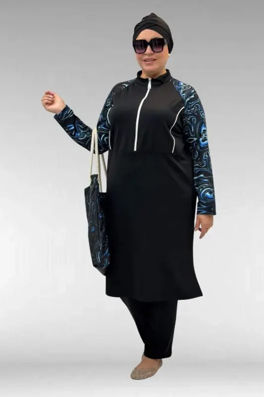 1733 Plus Size Zippered Hijab Swimsuit - Aqua Blue-Black - BÜYÜKBEDENIZ