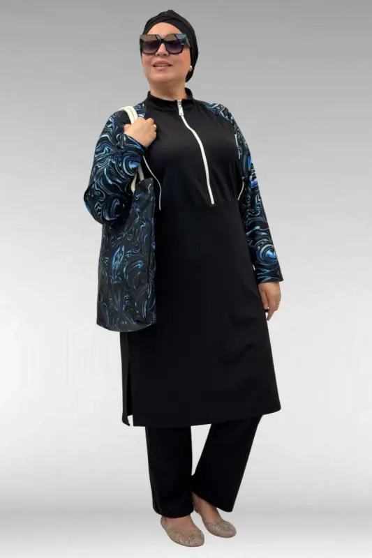 1733 Plus Size Zippered Hijab Swimsuit - Aqua Blue-Black - 3