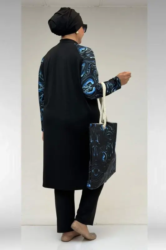 1733 Plus Size Zippered Hijab Swimsuit - Aqua Blue-Black - 4