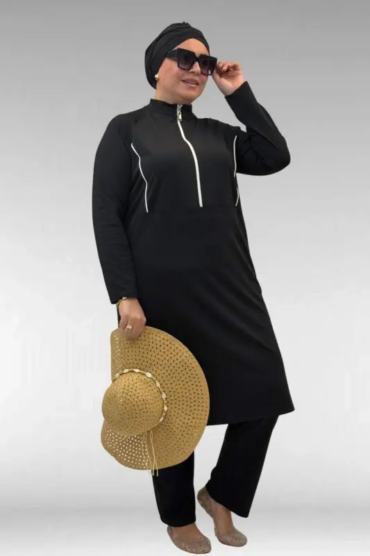 1733 Plus Size Zippered Hijab Swimsuit - Black - BÜYÜKBEDENIZ