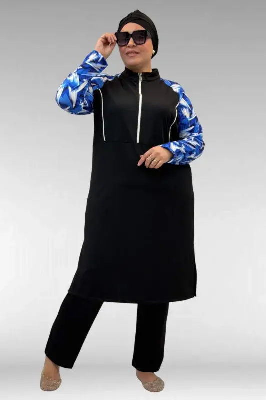 1733 Plus Size Zippered Hijab Swimsuit - Brush Pattern Saxe-Black - BÜYÜKBEDENIZ