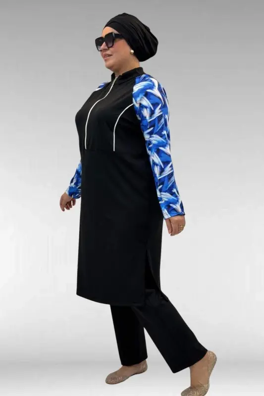 1733 Plus Size Zippered Hijab Swimsuit - Brush Pattern Saxe-Black - 3