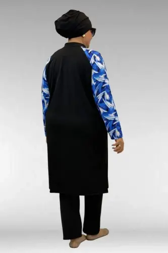 1733 Plus Size Zippered Hijab Swimsuit - Brush Pattern Saxe-Black - 4