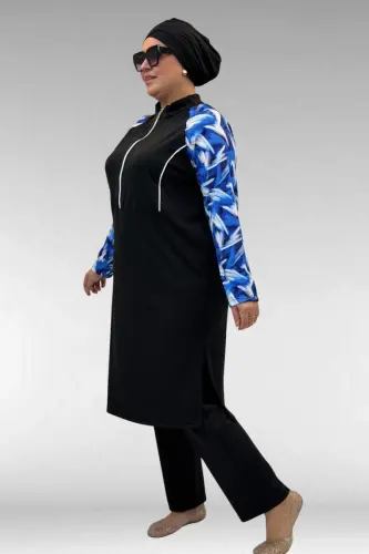 1733 Plus Size Zippered Hijab Swimsuit - Brush Pattern Saxe-Black - 3