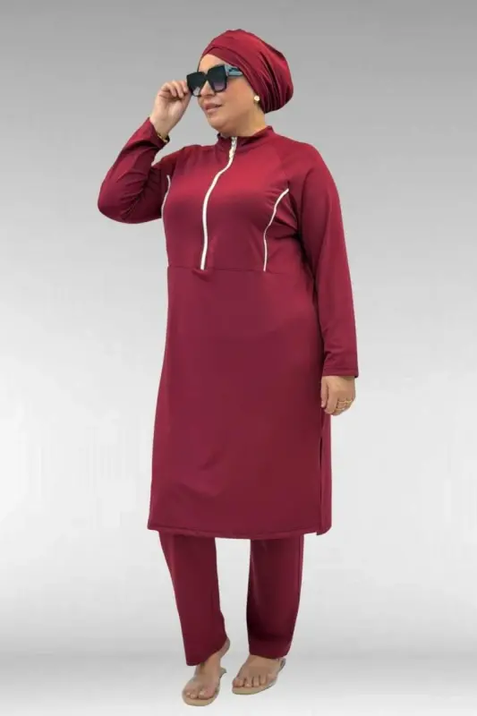 1733 Plus Size Zippered Hijab Swimsuit - Burgundy - BÜYÜKBEDENIZ