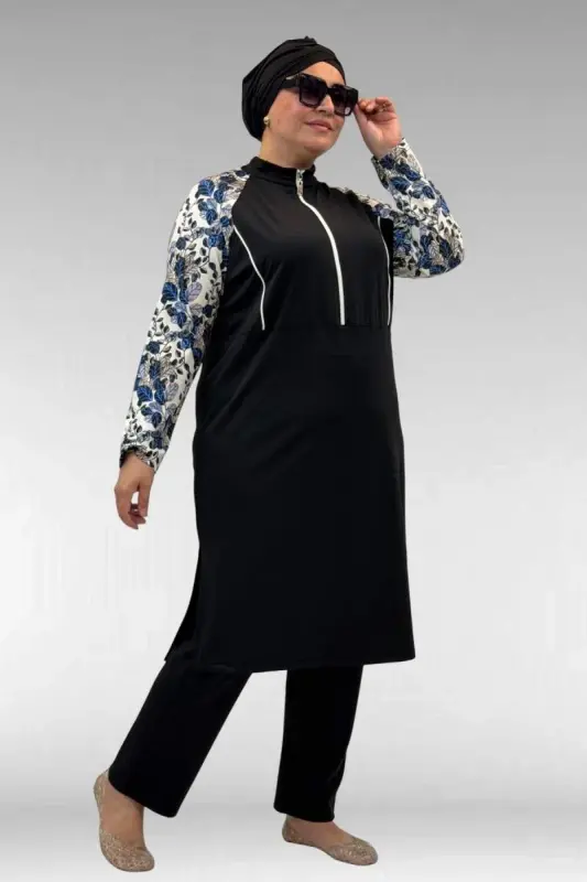 1733 Plus Size Zippered Hijab Swimsuit - Leaf Pattern Blue-Black - 1