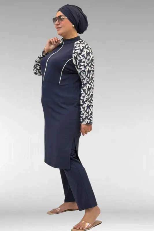 1733 Plus Size Zippered Hijab Swimsuit - Leaf Pattern Ecru-Navy - BÜYÜKBEDENIZ