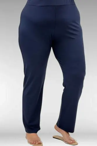 1733 Plus Size Zippered Hijab Swimsuit - Leaf Pattern Ecru-Navy - 3