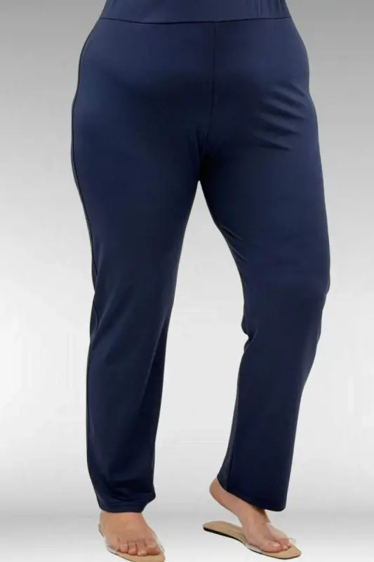 1733 Plus Size Zippered Hijab Swimsuit - Leaf Pattern Ecru-Navy - 3