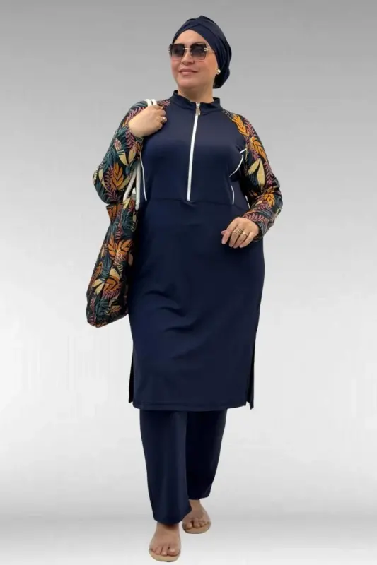 1733 Plus Size Zippered Hijab Swimsuit - Leaf Pattern Mustard-Navy - BÜYÜKBEDENIZ