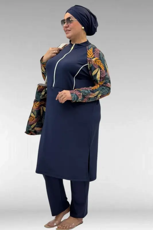 1733 Plus Size Zippered Hijab Swimsuit - Leaf Pattern Mustard-Navy - 3