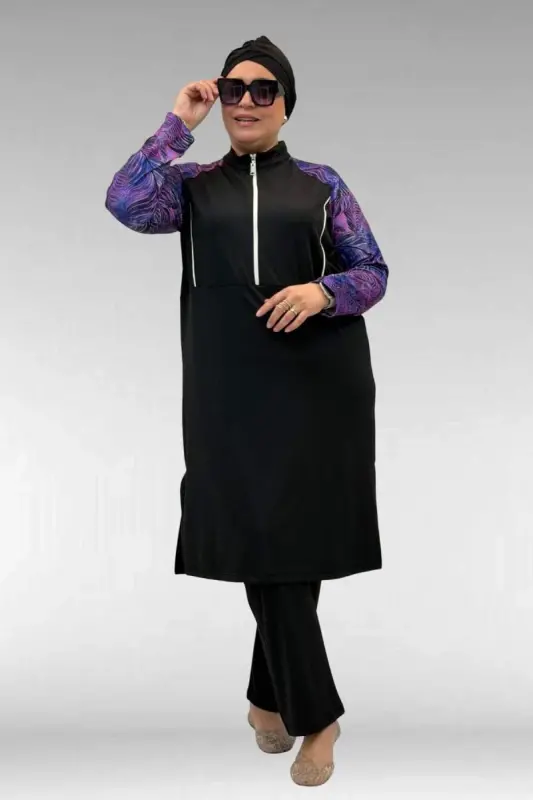 1733 Plus Size Zippered Hijab Swimsuit - Leaf Pattern Purple-Black - 1